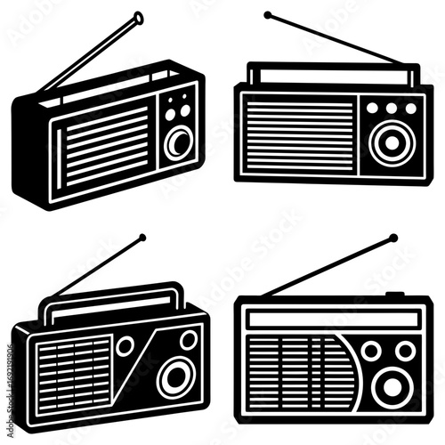 Four black and white outlined vintage radios with antennas and speaker grilles in various orientations