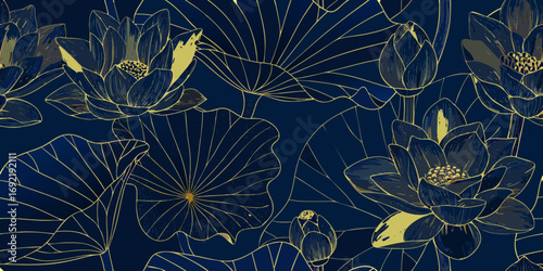 Elegant dark blue seamless pattern with golden outline lotus flowers and lily pads