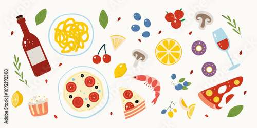 A delightful collection of italian food and ingredients arranged in a vibrant flat lay style
