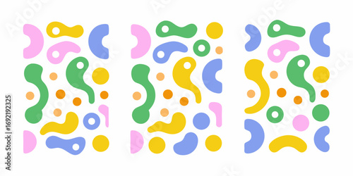 Abstract organic shapes in pastel colors arranged in a playful pattern on a white background
