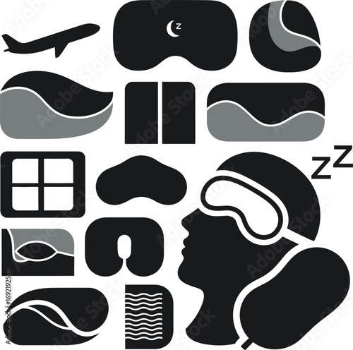 Set of travel accessories for sleeping, icons of relaxation and comfort vector illustration.