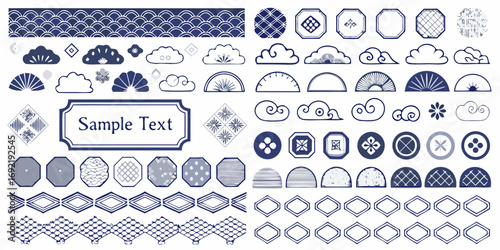 Collection of japanese traditional motifs and patterns in blue and white