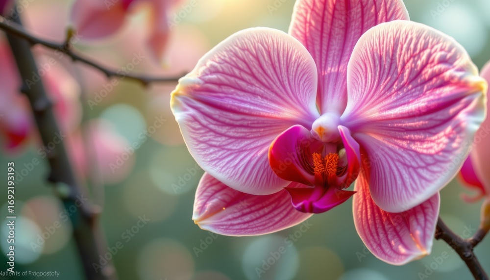 Naklejka premium A close up of a pink and white orchid flower with intricate veining on its petals