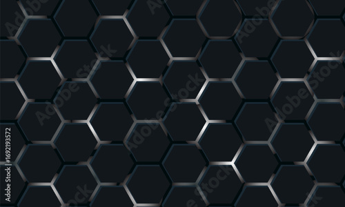 Dark hexagon abstract technology background with black and white bright flashes under the hexagon. Hexagon game vector technology illustration on black abstract background.