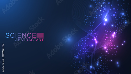 Modern abstract molecules structure for science or medical background. DNA helix or atom visualization. Molecular wave flow abstract background. Vector illustration