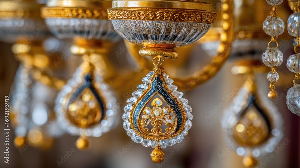 Fototapeta premium Ornate Gold and Crystal Chandelier Close-up with Decorative Droplets
