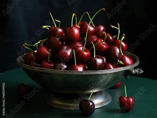 Bountiful harvest of cherries displayed in an elegant silver bowl on a dark background