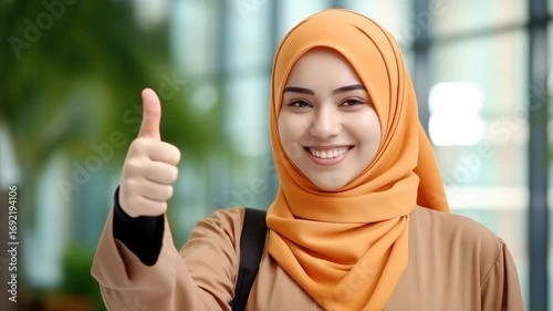 Smiling woman in orange hijab gives thumbs up in modern indoor setting
