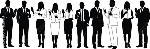 Silhouetted business professionals using smartphones in modern workplace, digital communication, corporate networking, mobile technology, teamwork, and connectivity concept