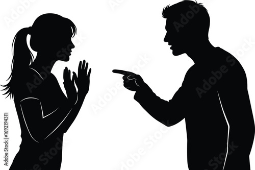 Silhouetted confrontation between two people, emotional conflict, body language, accusation, defensive gesture, intense communication, interpersonal tension, black and white vector