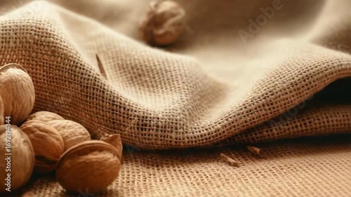 Pecans spilled on burlap with rustic background showcasing natural textures and earthy tones in a cozy kitchen setting