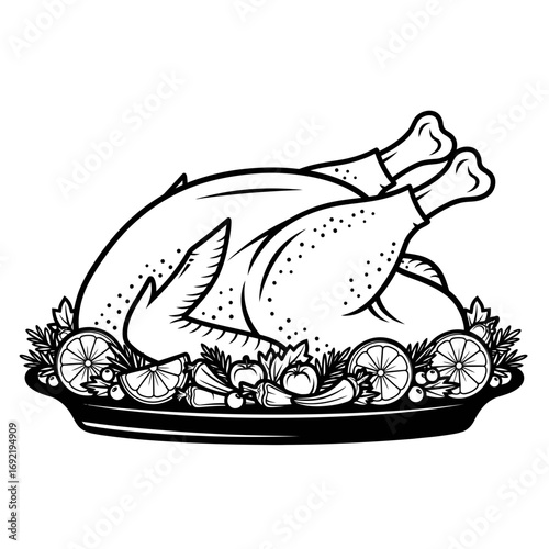 Illustration of a roasted turkey on a platter with garnish, perfect for thanksgiving or christmas dinner