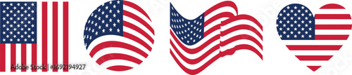 Stylized American flag set with heart, circle, wave, and rectangle designs, black vector illustration symbolizing patriotism and creativity