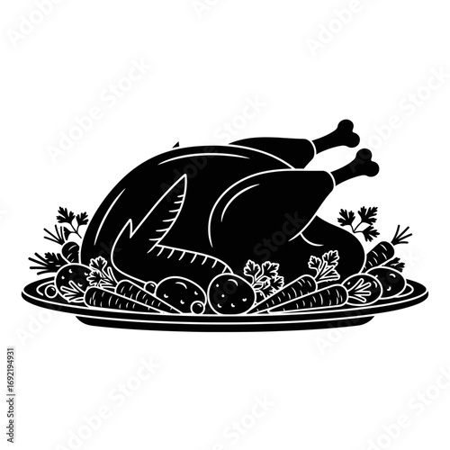 Illustration of a roasted turkey on a platter with vegetables, , perfect for thanksgiving or holiday designs