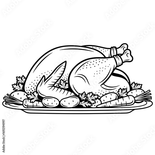 Vector art of detailed line art illustration of a roasted turkey with vegetables on a platter, , perfect for thanksgiving or holiday designs