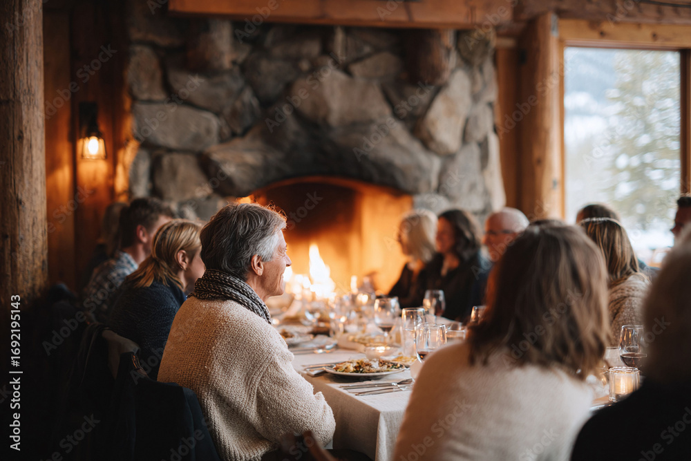 Fototapeta premium Warm, inviting scene of people dining around a long table by a stone fireplace. Represents togetherness, celebration, and cozy winter gatherings. Perfect for holiday, lifestyle, or hospitality themes.