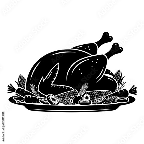 Vector art of silhouette of a roasted turkey on a platter, , perfect for thanksgiving or holiday dinner invitations and decorations