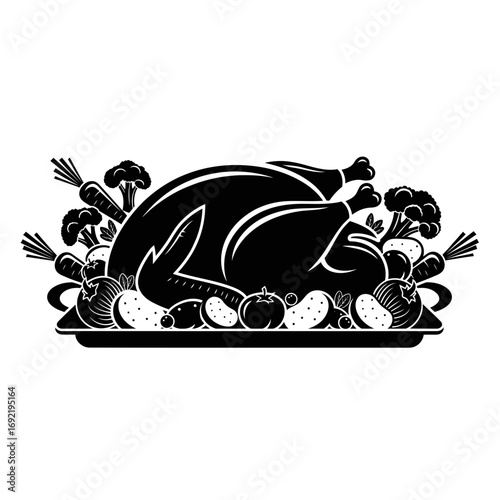 Vector art of roasted turkey silhouette, a festive centerpiece for thanksgiving or christmas, garnished with vegetables and fruits