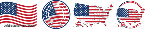 Stylized American flags and USA map vector set, patriotic symbols, stars and stripes, national pride, circular design, creative composition