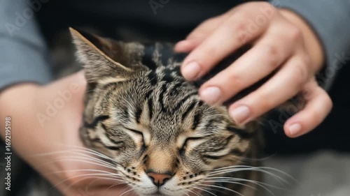 Gentle caress: A tabby cat enjoying a comforting moment with soft human touch