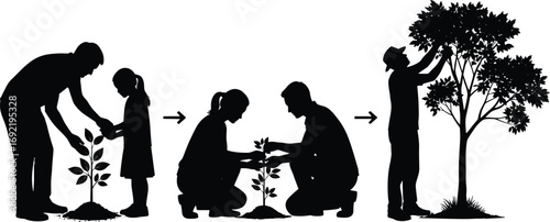 Tree planting and growth stages with human interaction, black silhouette vector illustrating environmental care, nature conservation, and ecological responsibility