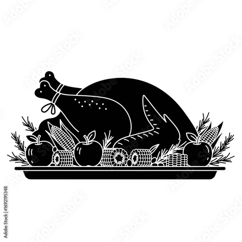 Vector art of classic silhouette of a roasted turkey on a platter with apples and herbs, , perfect for thanksgiving or holiday designs