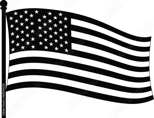 United States flag silhouette waving on pole, black and white vector illustration representing patriotism, national identity, and American symbolism