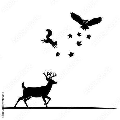 Vector art of silhouette of a deer running, a squirrel jumping, and an owl flying above, with falling leaves