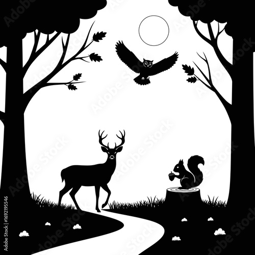Vector art of silhouette of a deer in a forest with an owl flying above, a squirrel on a tree stump night scene