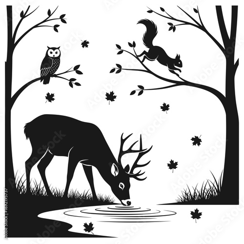 Vector art of silhouette of a deer drinking from a pond, with an owl on a branch and a squirrel jumping