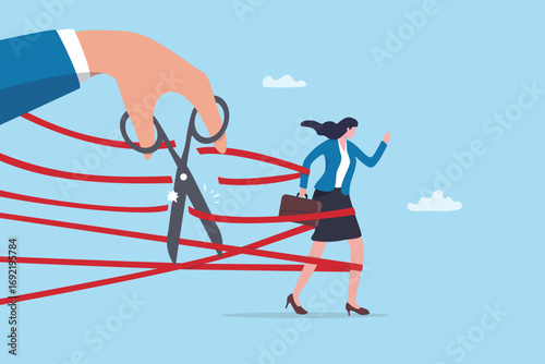 Freedom or challenge of gender inequality, struggle or inspiration, release full potential, unlock skill for new opportunity concept, businesswoman cut red rope to unlock or release from struggle.