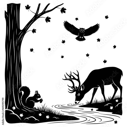 Vector art of silhouette of a deer drinking from a stream, a squirrel eating, and an owl flying under a tree with falling leaves in autumn