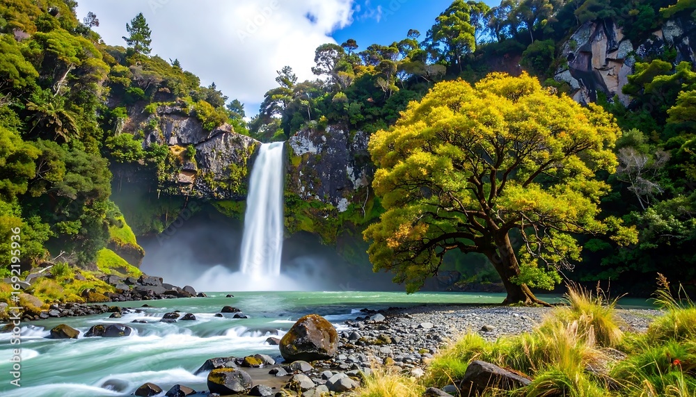 Obraz premium Waterfall cascading through lush greenery