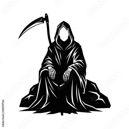Vector art of grim reaper sitting on rock, a symbol of death and mortality, often depicted as a cloaked skeleton figure
