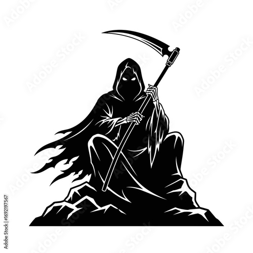 Vector art of grim reaper sitting on a rock, holding a scythe, vector illustration for halloween or horror concept