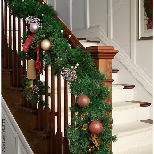 Elegant staircase adorned with festive garland gracefully entwined around the banister, creating a warm and inviting holiday atmosphere.