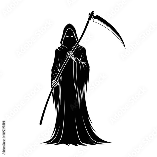 Vector art of grim reaper with scythe, a symbol of death and the afterlife, in a minimalist monochrome illustration