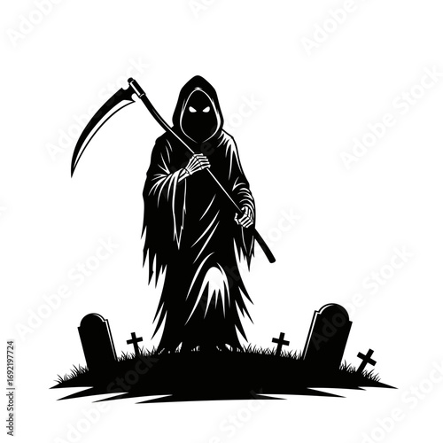 Vector art of grim reaper standing in a graveyard with a scythe a symbol of death, horror, and the supernatural