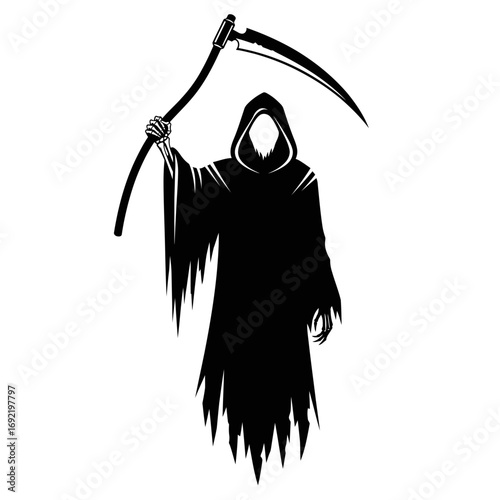 Vector art of grim reaper with a scythe death with a hood and cloak halloween concept vector illustration