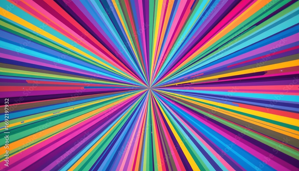 The image features a vibrant, multicolored pattern radiating outward from a central point, creating a starburst effect