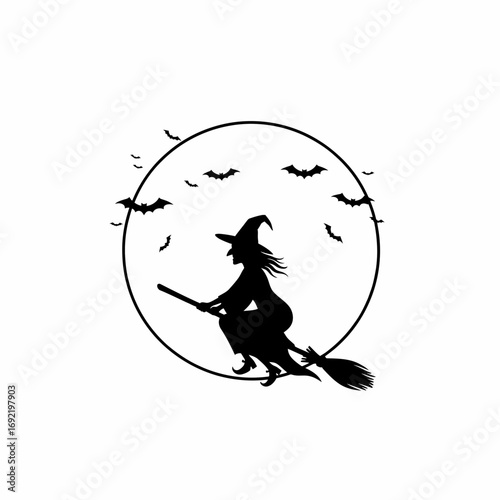Vector art of a witch flying on a broomstick against the backdrop of a full moon, surrounded by bats and mystery