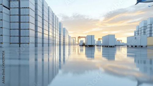 Modern logistics center: rows of warehouses and freight trucks, with a plane taking off overhead and wet pavement reflections — transport and distribution network.
