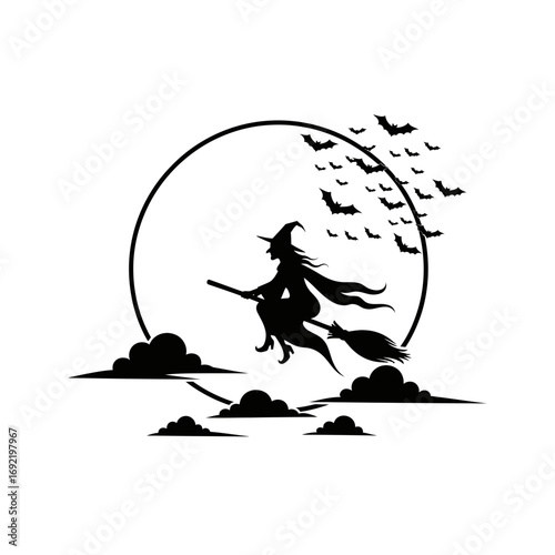 Vector art of a witch flying on a broomstick in front of the moon with bats, perfect for halloween themed designs