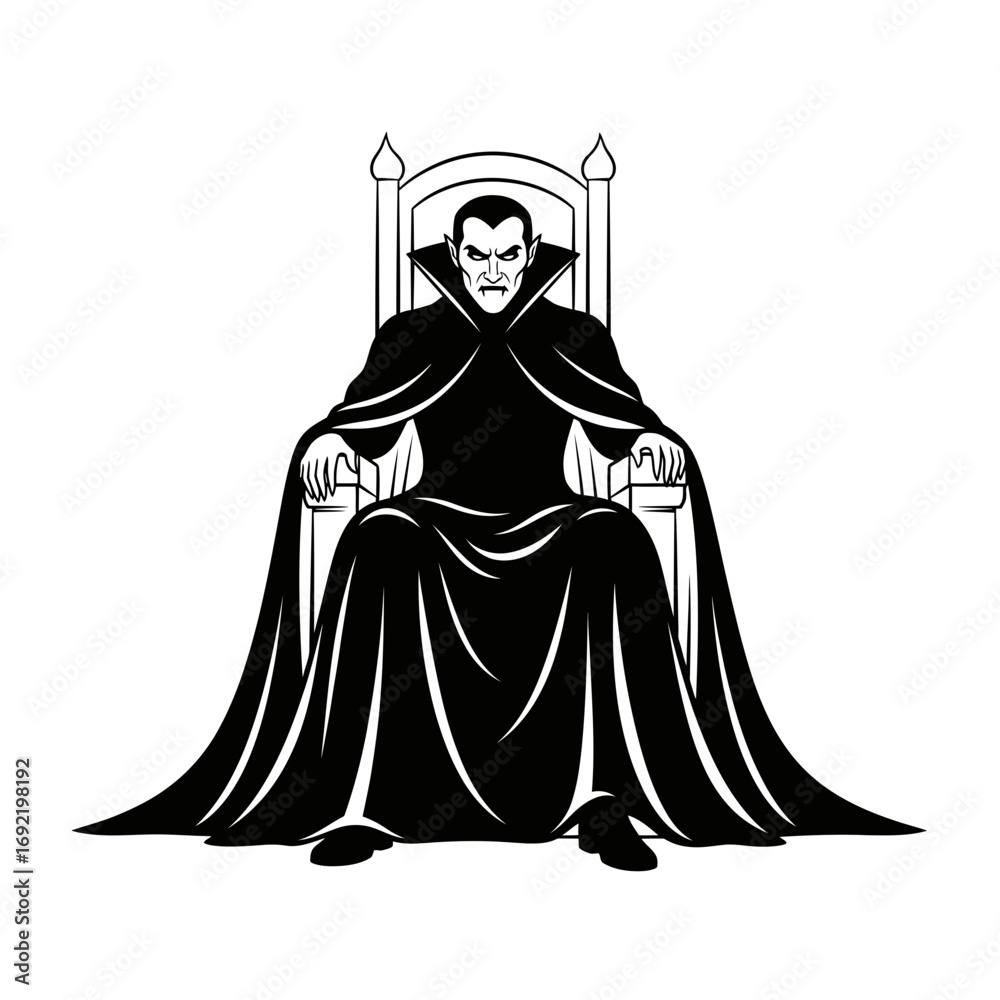 Naklejka premium Vector art of a regal vampire sits on a throne with a flowing cape, , exuding power and darkness in a classic horror scene