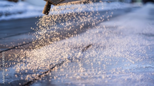 Winter road maintenance with ice melt granules.