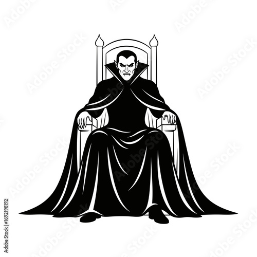 Vector art of a regal vampire sits on a throne with a flowing cape, , exuding power and darkness in a classic horror scene