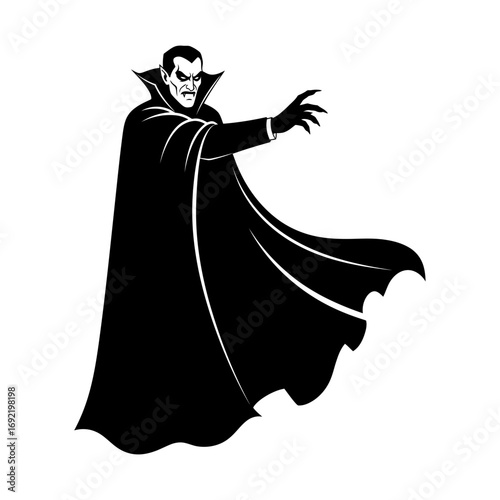 Vector art of a menacing vampire with a dark cape reaches out with clawed fingers, , embodying the classic horror archetype