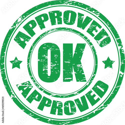 Green "OK Approved" Stamp Icon – Distressed Circular Badge for Validation, Authorization, and Confirmation