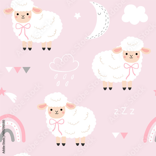 Seamless pattern with cute sheep, moon, star, rainbow and cloud for your fabric, children textile, apparel, nursery decoration, gift wrap paper, pajamas. Vector illustration	