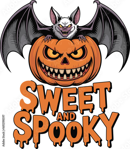 Vector art of scary bat on a halloween pumpkin with text